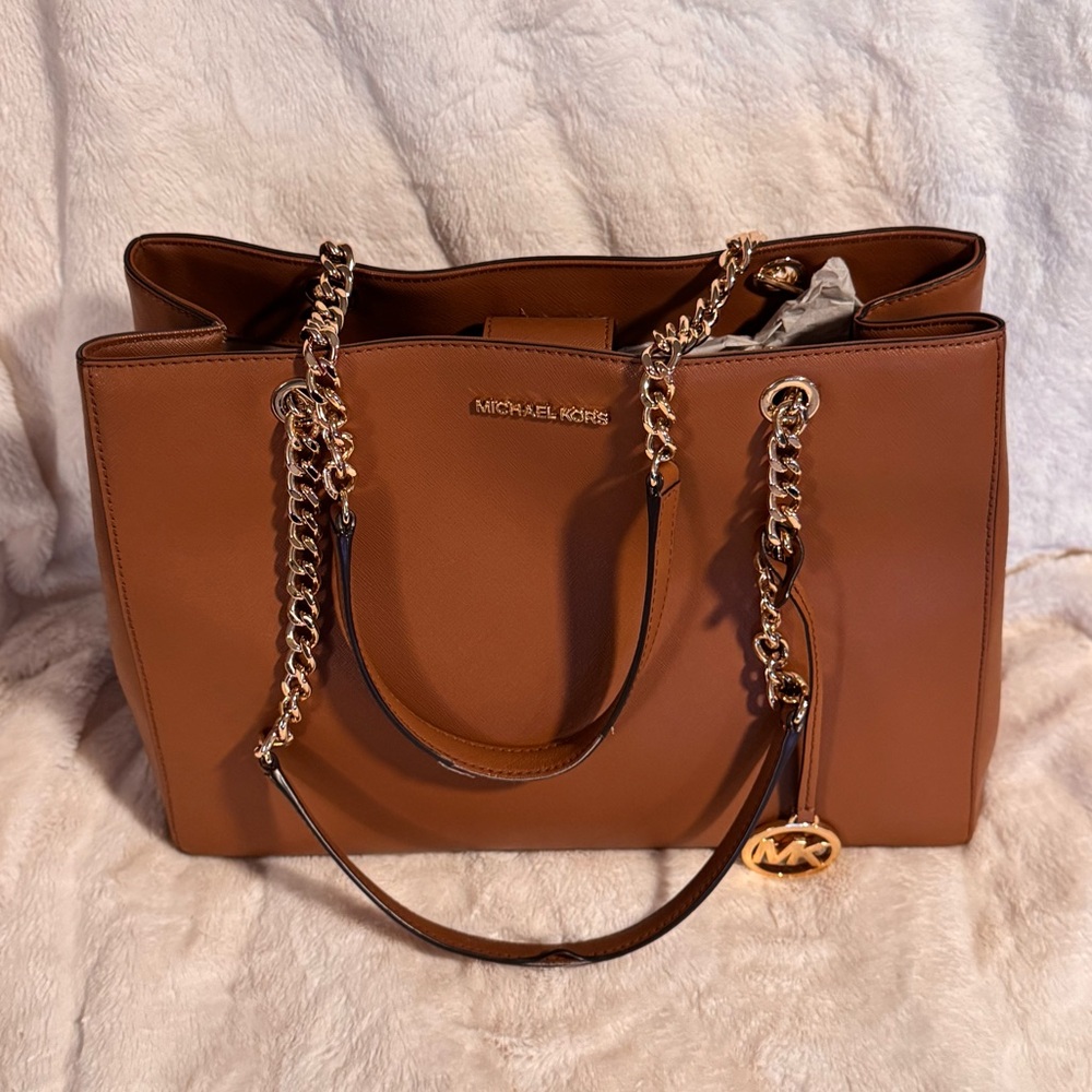 Michael Kors Susannah Leather Tote in Luggage with Gold Accents